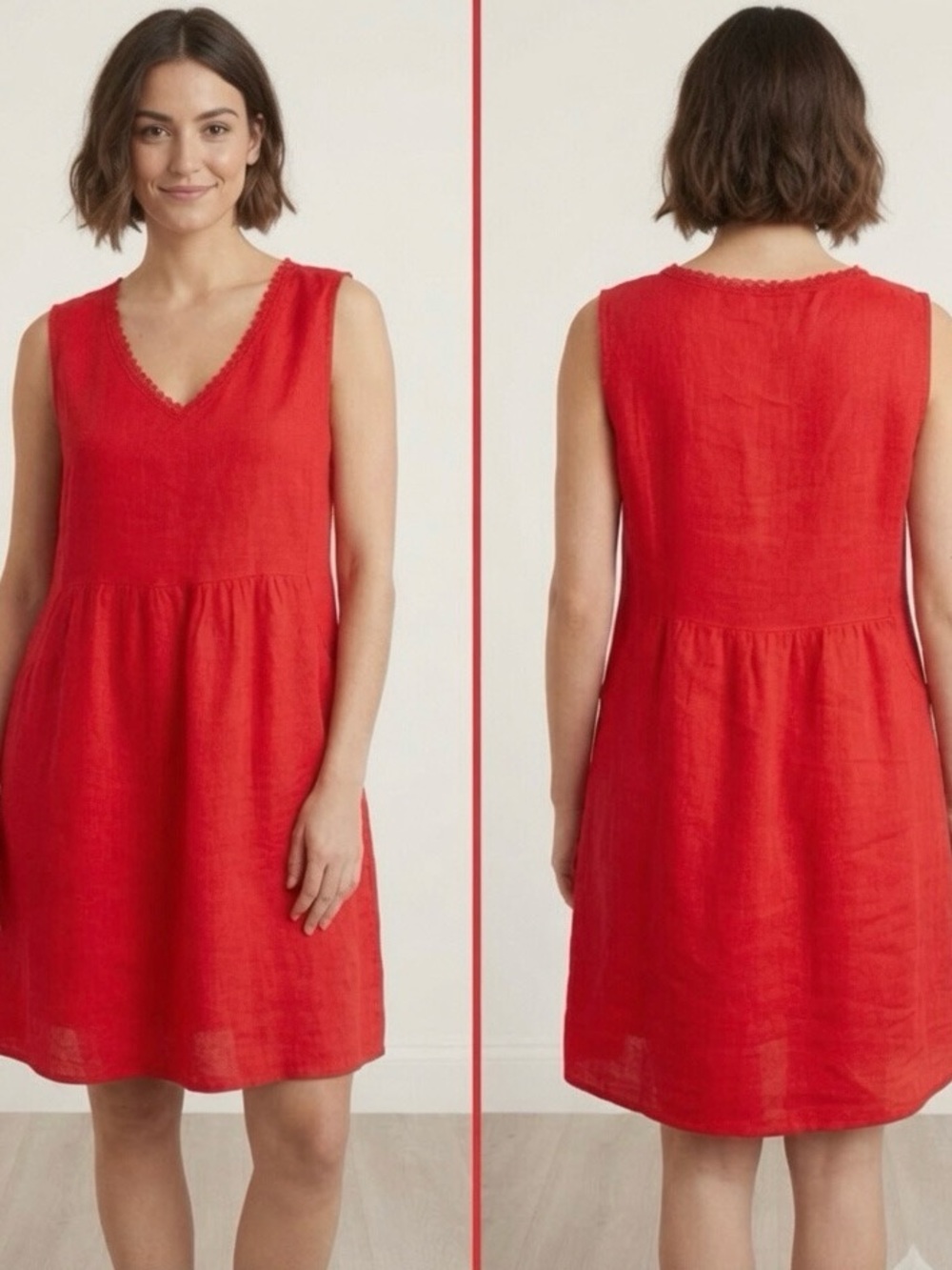 Sleeveless V-Neck Mini Dress in Coral Size XL Made in Italy 100%linen